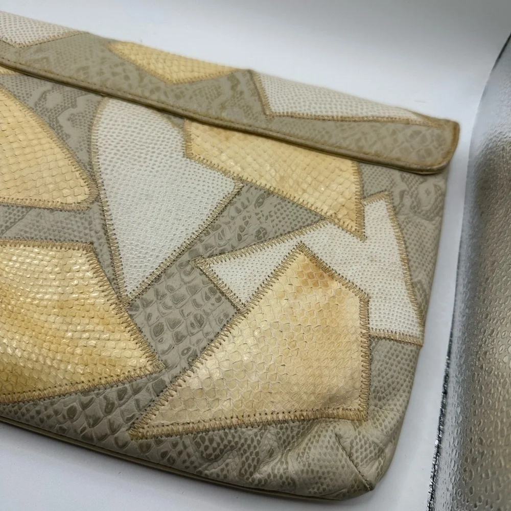 Vintage 1980s snakeskin patchwork clutch handbag